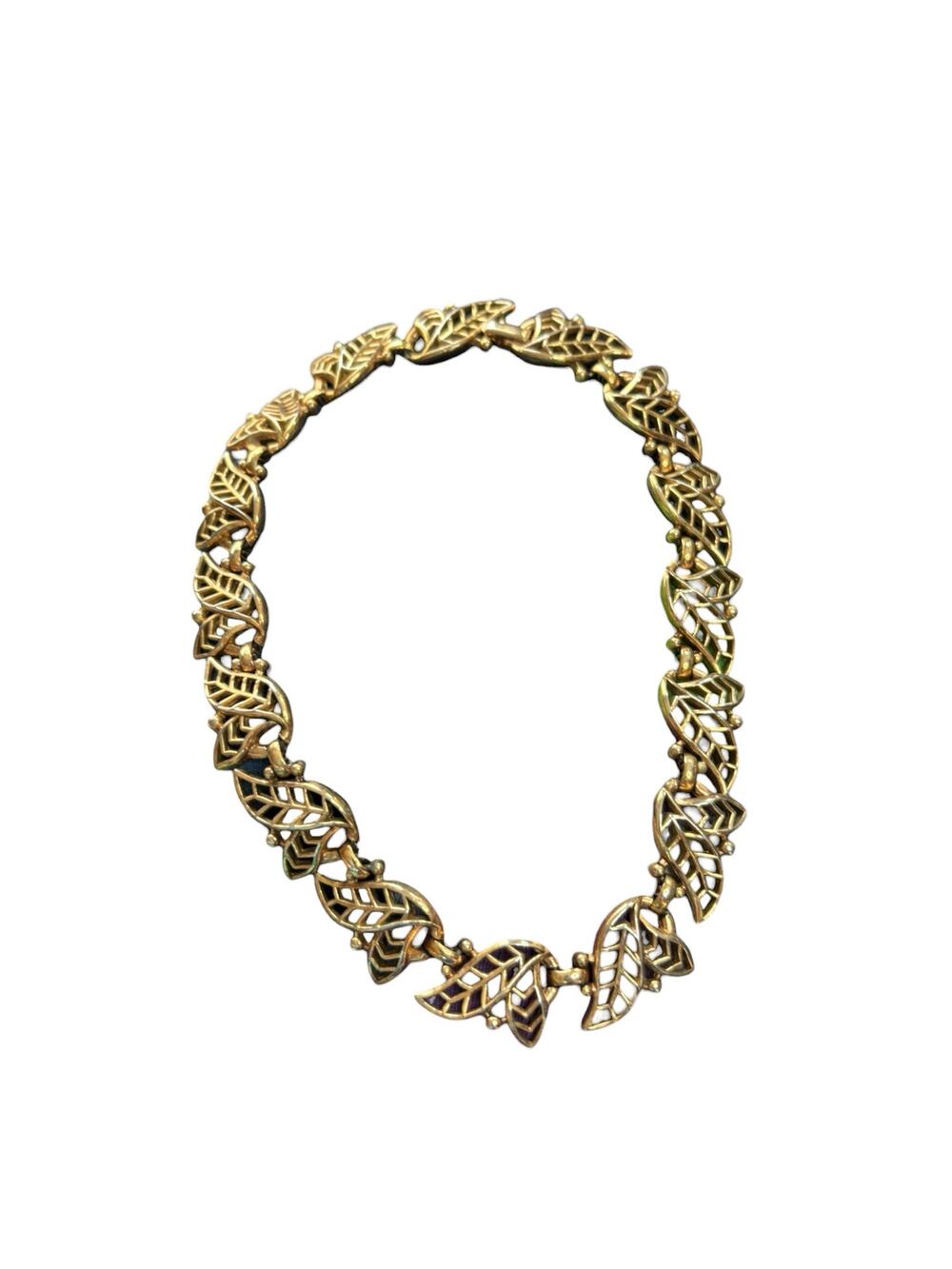 Vintage Gold Tone Leaf Link Choker Necklace Statement Flip Clasp Mid Century
